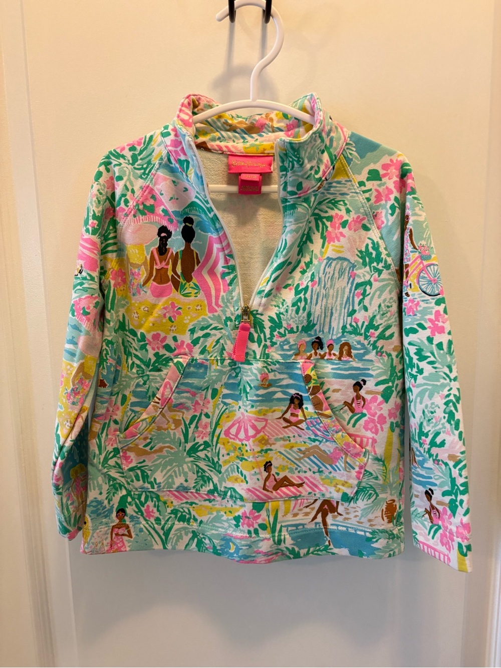 Lilly Pulitzer Let’s Get Girls Aqua Pink Yellow Beach Scene Half-Zip Sweatshirt
